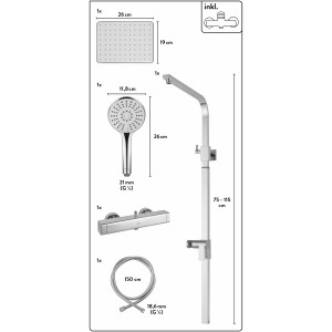 Abbildung des verchromten baliv Überkopfbrausesets KBS-30.110 mit Hand- und Kopfbrause, Thermostat und Brauseschlauch.