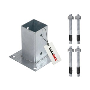HOLLMAX Aufschraubhülse/Pfostenträger 71 mm verzinkt, silber, mit 4 Schwerlastankern für Vierkantpfosten.