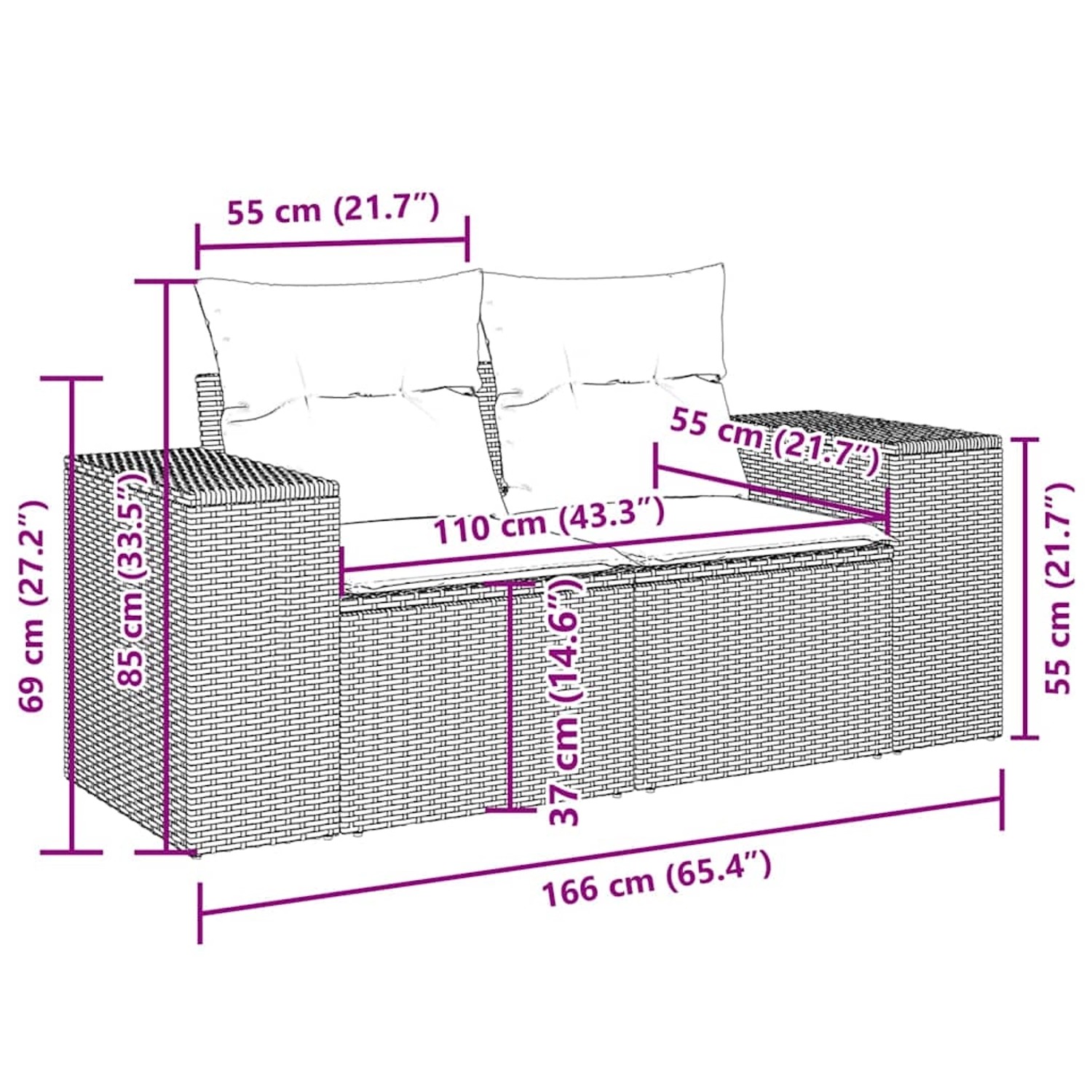 vidaXL 7-tlg. Garten-Sofagarnitur, schwarzes Poly Rattan, mit Maßangaben.