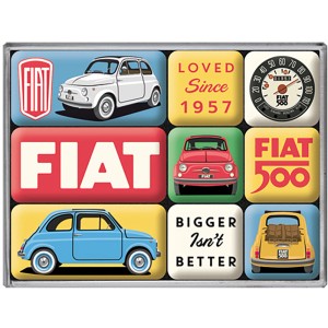 Nostalgic-Art Magnet-Set mit bunten Fiat 500 Motiven, 9-teilig für Kühlschrank und mehr.
