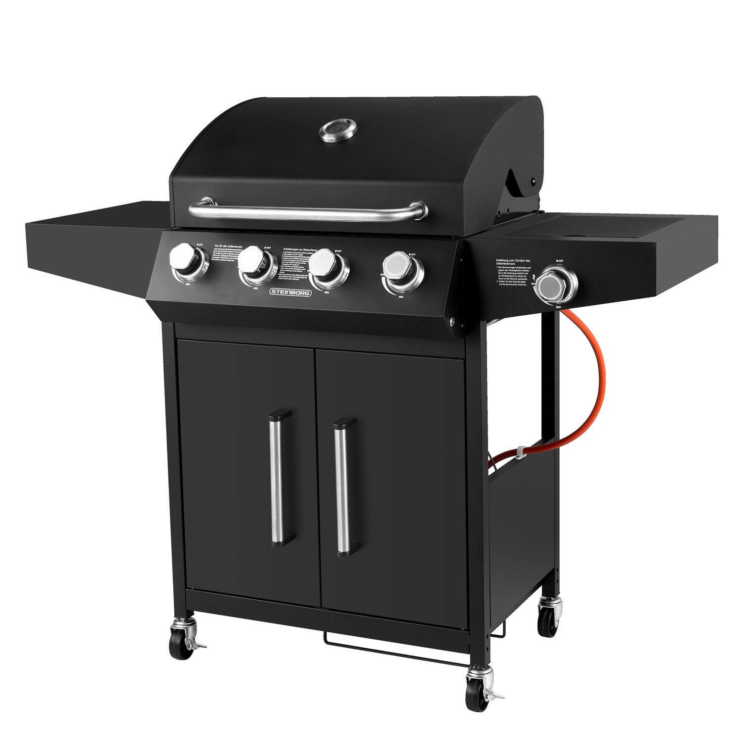 Steinborg SB-8180 Gasgrill 4 Hauptbrenner + Seitenbrenner mit LED-Drehknöpfen Schwarz