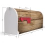 Weißer Banjado US Briefkasten mit Holzplanken-Motiv, rote Fahne und Maßangaben.