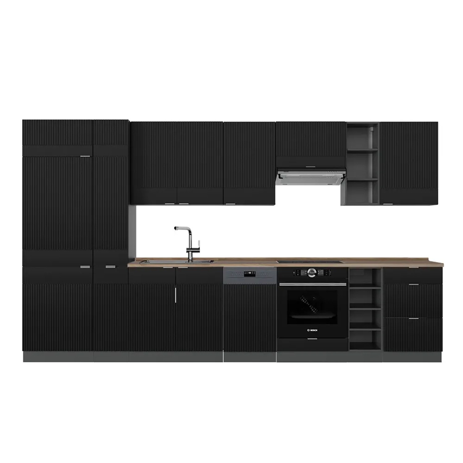 Vicco Fame-Line Küchenzeile Schwarz gestreift/Anthrazit 355 cm AP Eiche ohne E-Geräte