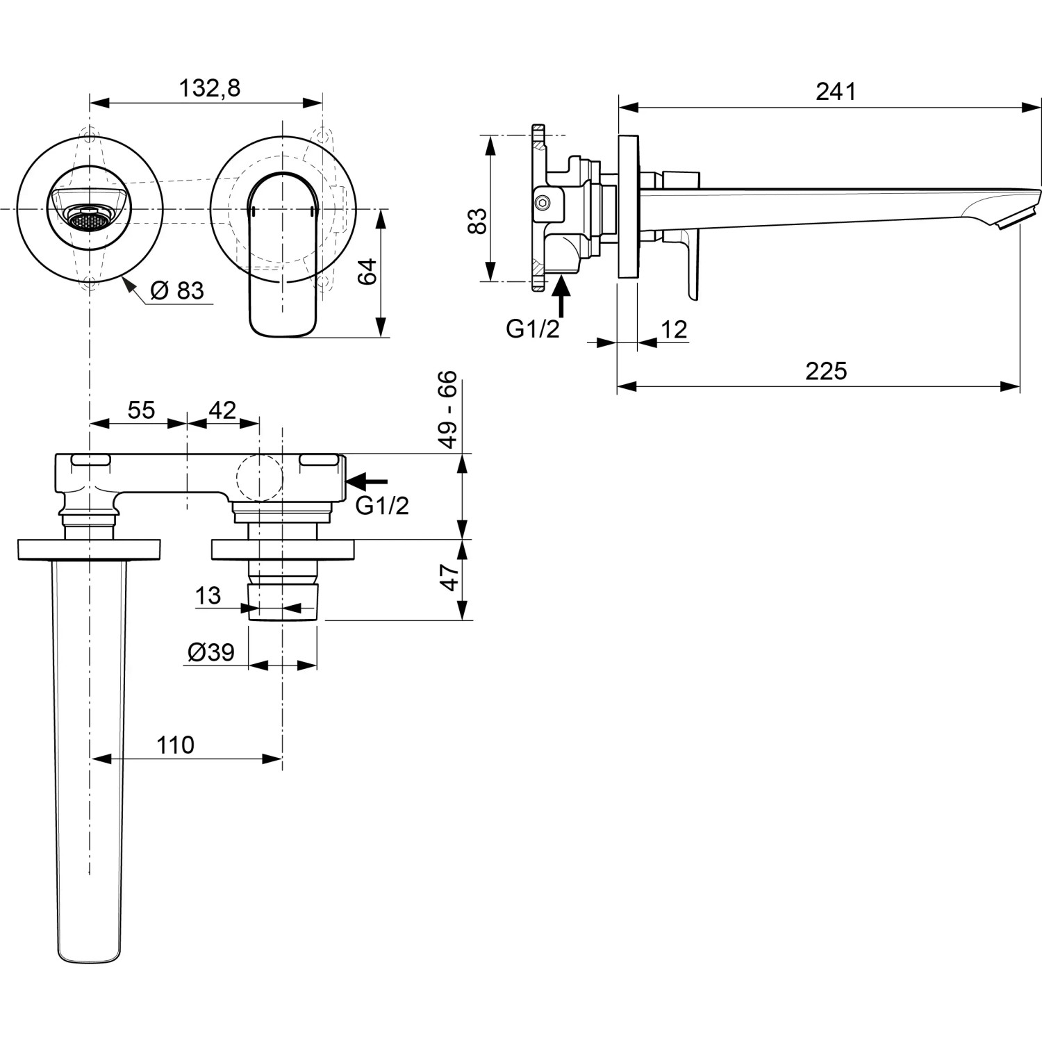 Technische Zeichnung: Ideal Standard Connect Air Wand-Waschtischarmatur, Ausladung 22,5cm, Magnetic Grey.