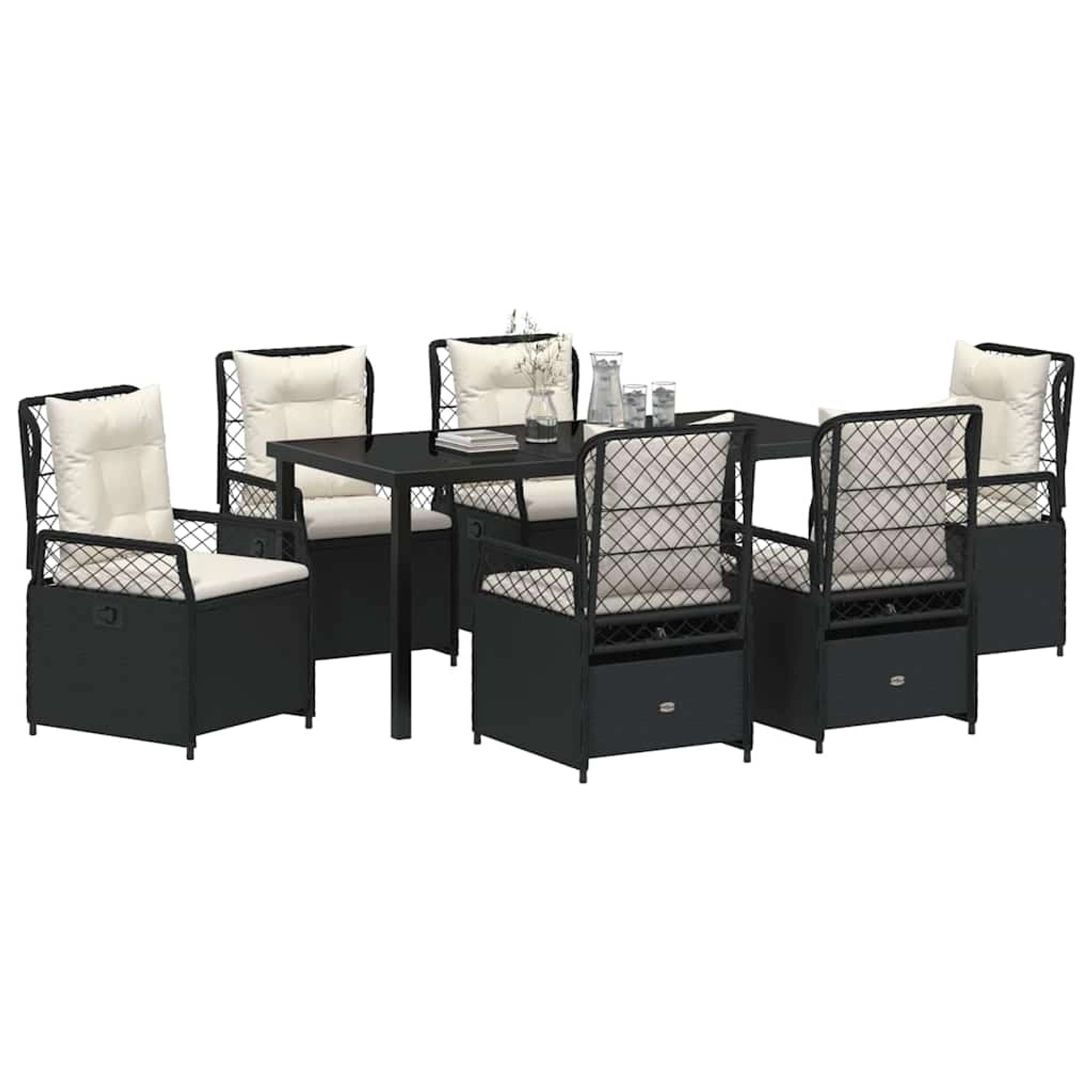 Schwarze 7-teilige Garten Essgruppe aus Poly Rattan mit Tisch und Stühlen mit Auflagen.