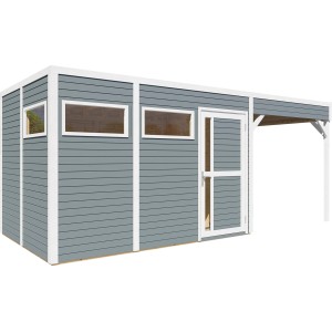 Bertilo Holz-Gartenhaus Cubus 3 Lounge, hellgrau, mit Fenstern und Überdachung.