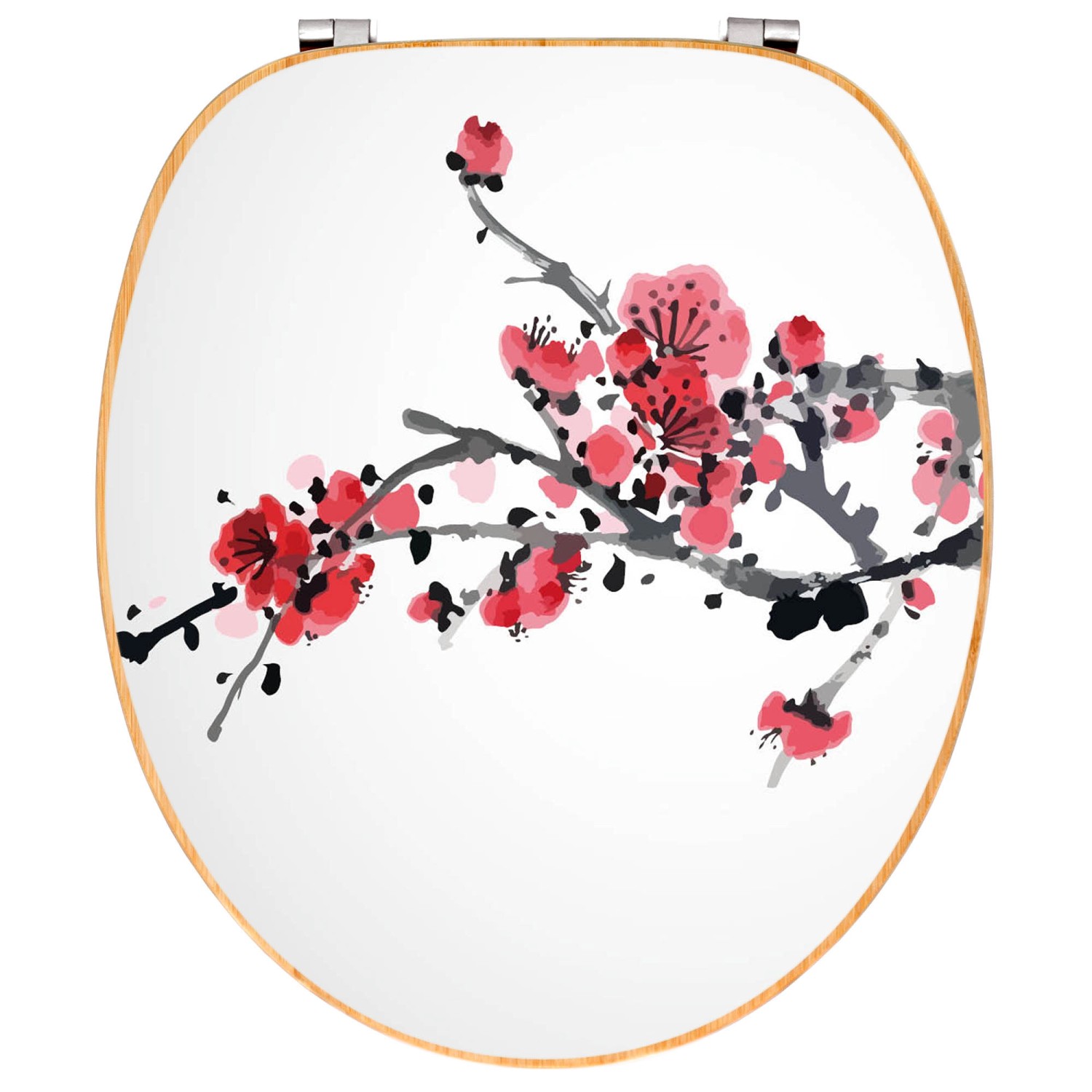 Banjado WC-Sitz aus Bambus mit japanischem Blütenmotiv. Toilettendeckel aus Holz mit Metallscharnieren.