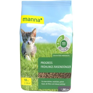 Sack Manna Progress Frühlings-Rasendünger 18kg mit Katze im Gras.