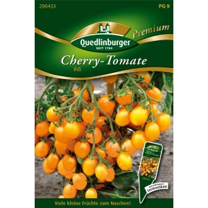 Quedlinburger Cherry-Tomaten Ildi Saatgut: Packung mit Abbildung der gelben, reifen Tomaten an der Pflanze.