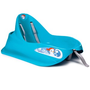 Blauer Ondis24 Bob Kinderschlitten mit Lehne und Sicherheitsgurt.