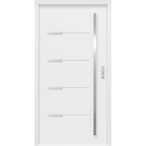 Weiße Sicherheits-Haustür ThermoSpace Oslo Prime RC2, 110x210 cm, mit Edelstahlgriff und Designelementen.
