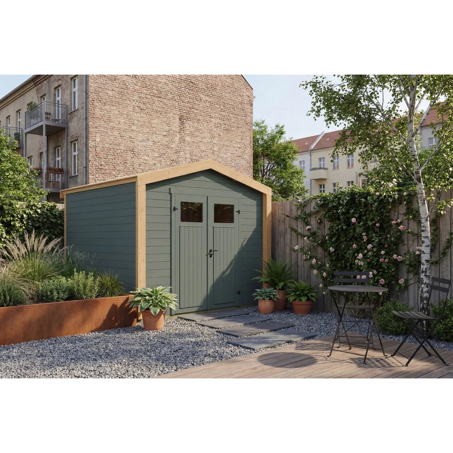 Weka Holz-Gartenhaus Killarney Satteldach Grau-Grün Lasiert 311 cm x 313 cm