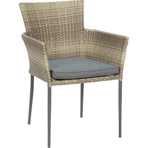 Grauer Stapelstuhl Glenrio aus Polyrattan mit Armlehnen und Sitzkissen.