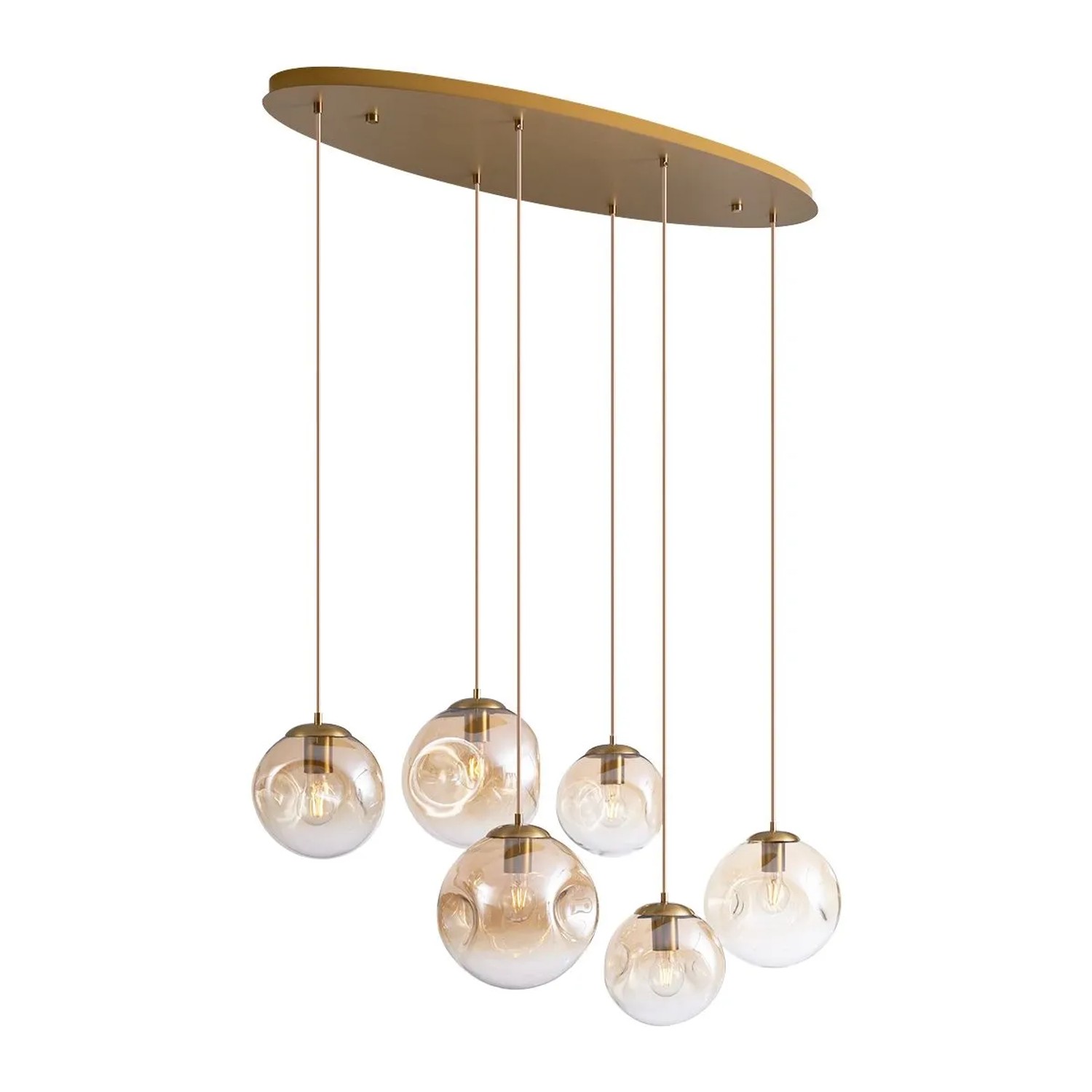 QAZQA Art Deco Hängelampe Messing mit Ovaler Deckenplatte und Bernsteinfarbenem Glas 6 Flammig Douglass