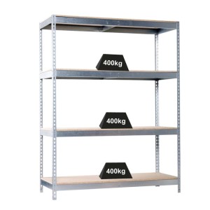 Verzinktes PROREGAL Schwerlastregal Wood Beast mit 4 Ebenen und 400 kg Fachlast.