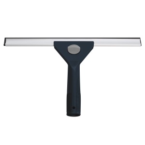 Fensterabzieher mit blauem Griff und silberner Gummilippe zum Reinigen von Glas- und Spiegelflächen.