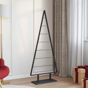 Schwarzer Metall-Weihnachtsbaum aus Stahl, 150 cm hoch, mit Ständer in modernem Wohnzimmer. Künstlicher Baum.