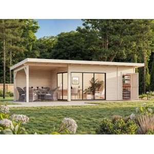 Palmako Holz-Gartenhaus mit Pultdach, naturbelassen und tauchgrundiert, mit überdachter Terrasse und zwei Räumen.