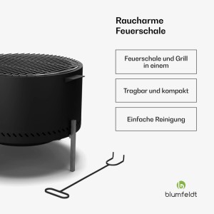 Blumfeldt Ignite Pure Feuerschale mit Grillrost, raucharme Edelstahl Feuerschale in Schwarz.