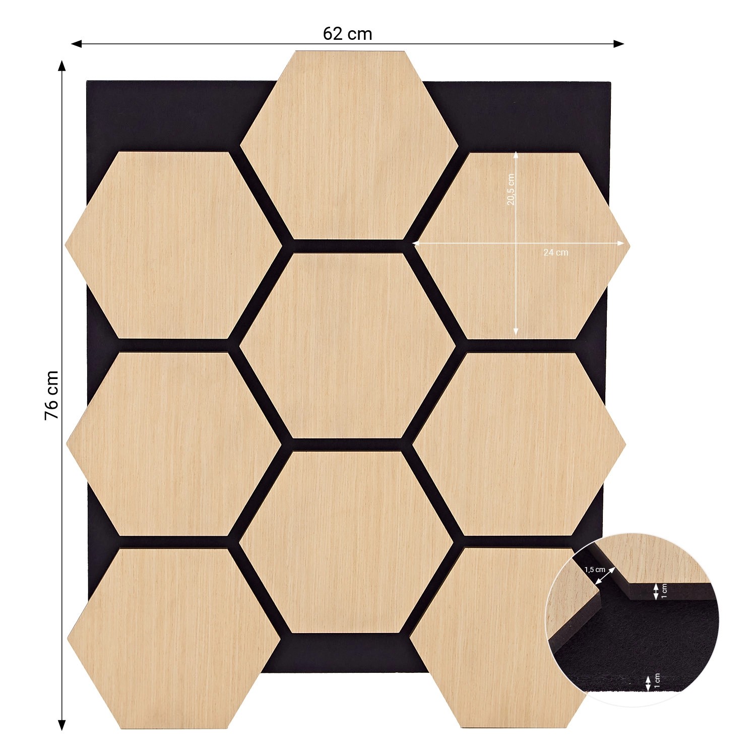 Homestyle4u Akustikpaneel: 8 Holz-Hexagon Paneele (76x62cm) in Natur auf schwarzem Filz.