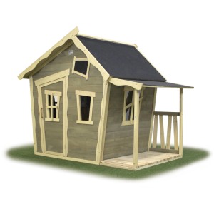 EXIT Crooky 150 Holzspielhaus in Graubeige mit Veranda und schwarzem Dach.