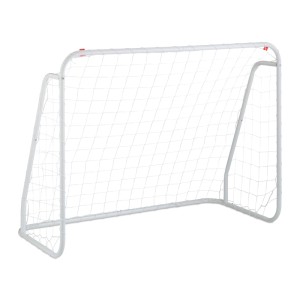 Weißes Relaxdays Fußballtor aus Stahl, ideal für Garten und Freizeit.