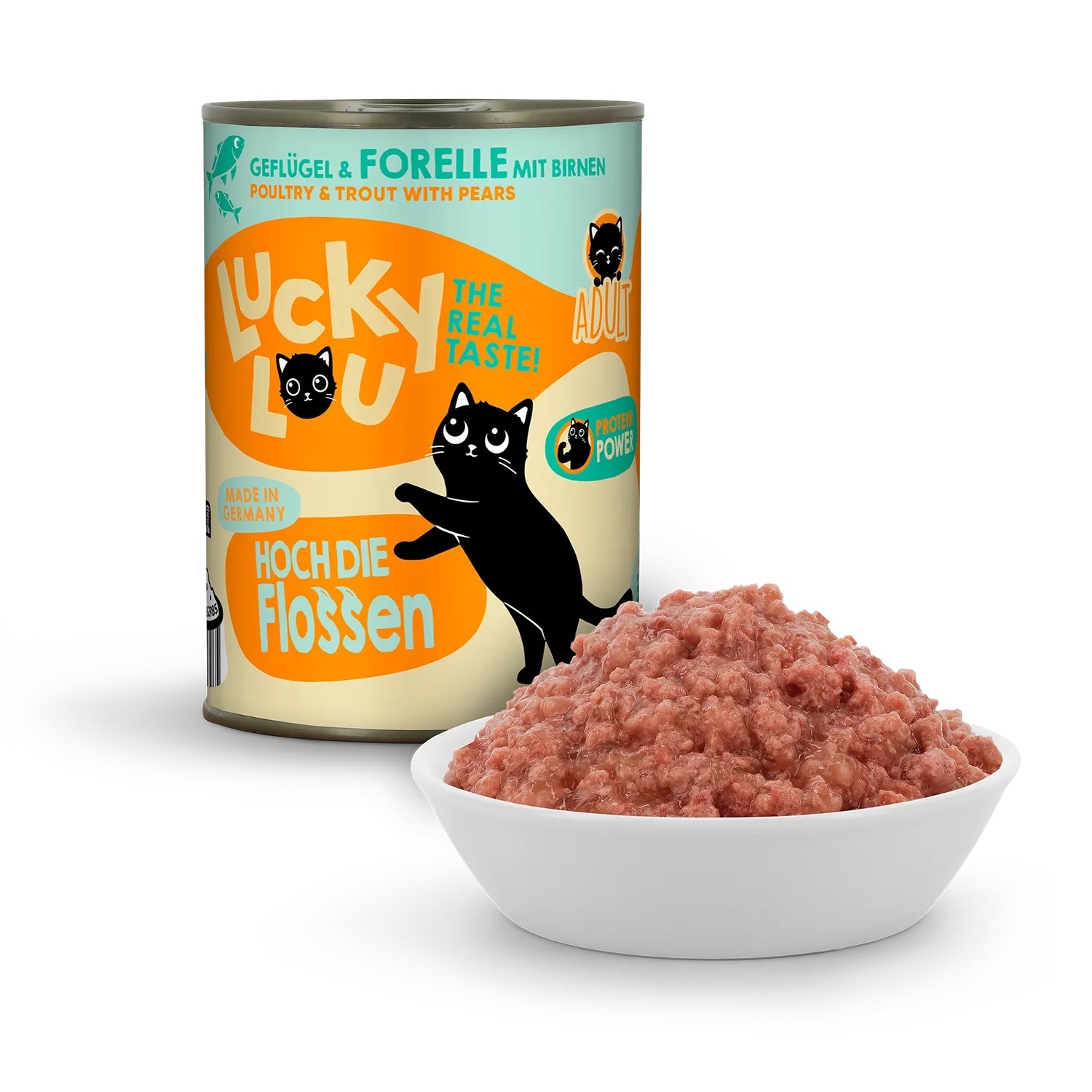 Lucky Lou Katzen-Nassfutter Adult Geflügel & Forelle Dose mit Schale Futter.