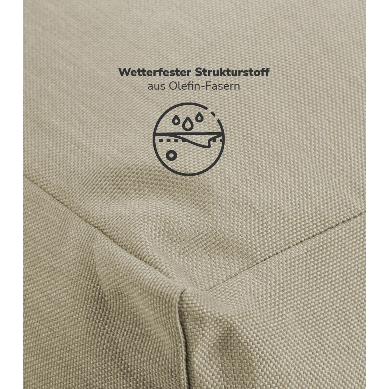 Detailaufnahme: Wetterfester, sandfarbener Outdoor Sitzsack Stoff aus Olefin-Fasern.