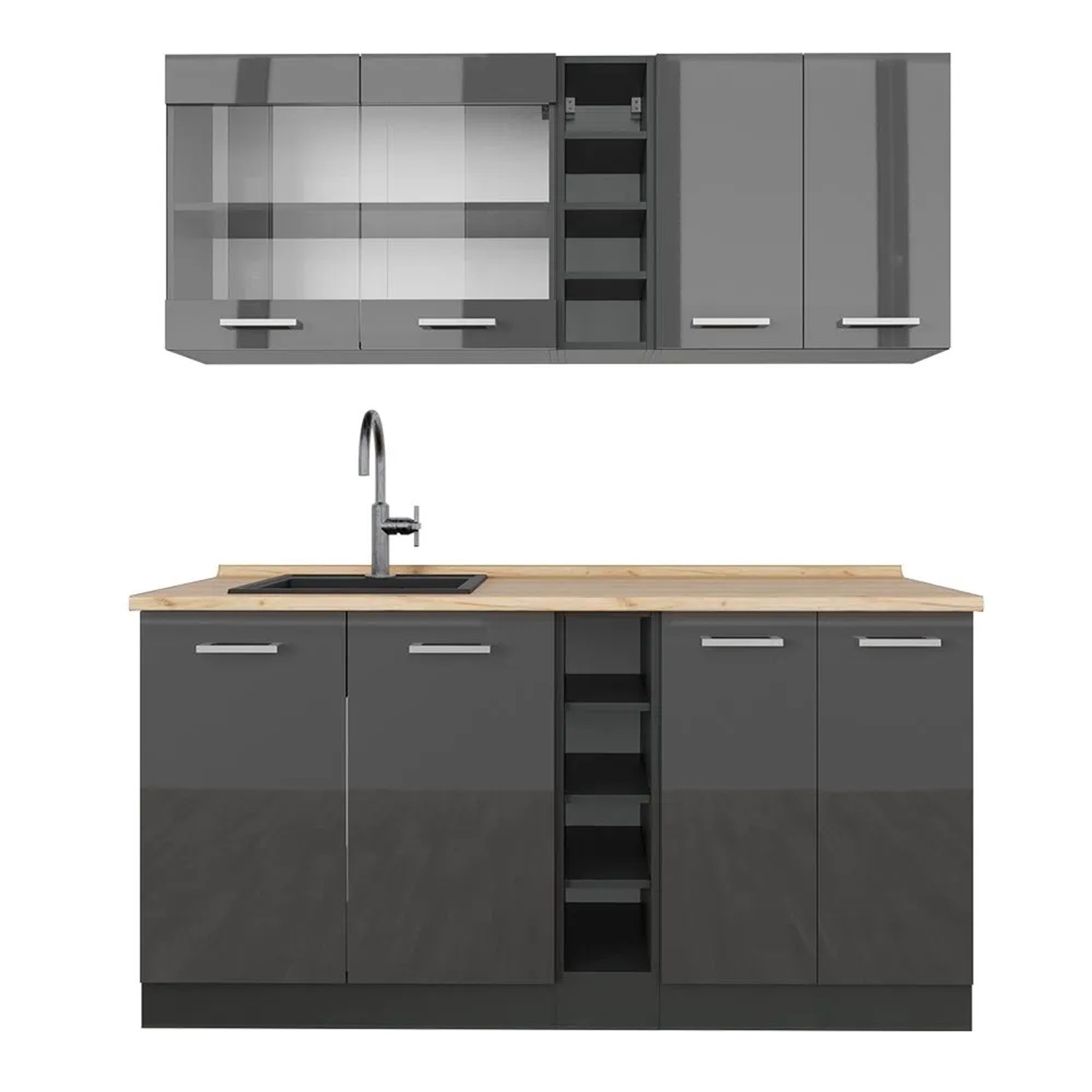 Vicco R-Line Singleküche Anthrazit Hochglanz Anthrazit 160 cm AP Eiche ohne E-Geräte