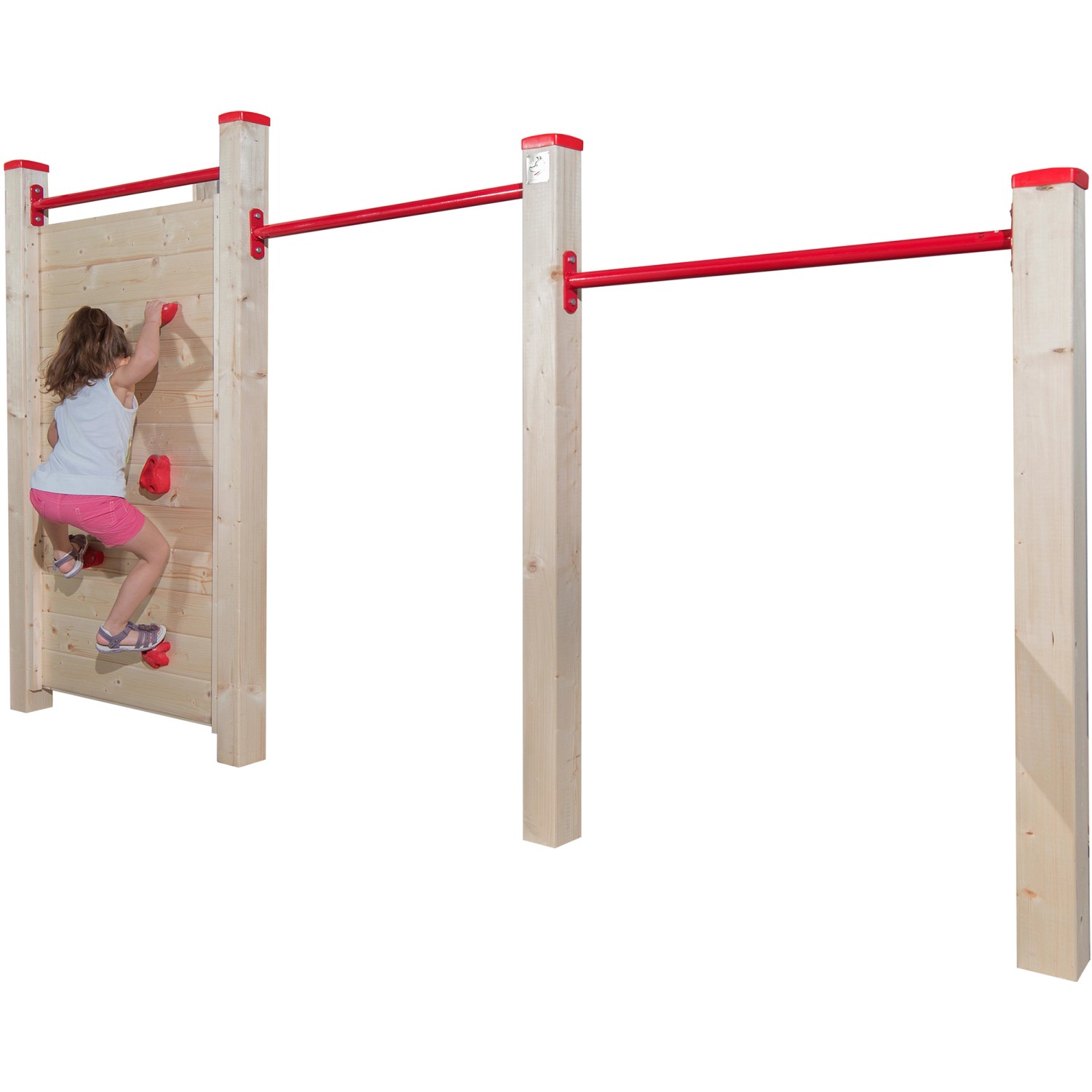 Weka Reck und Kletterstation Tabaluga mit Kletterwand, Hangelstangen und Kind beim Klettern.