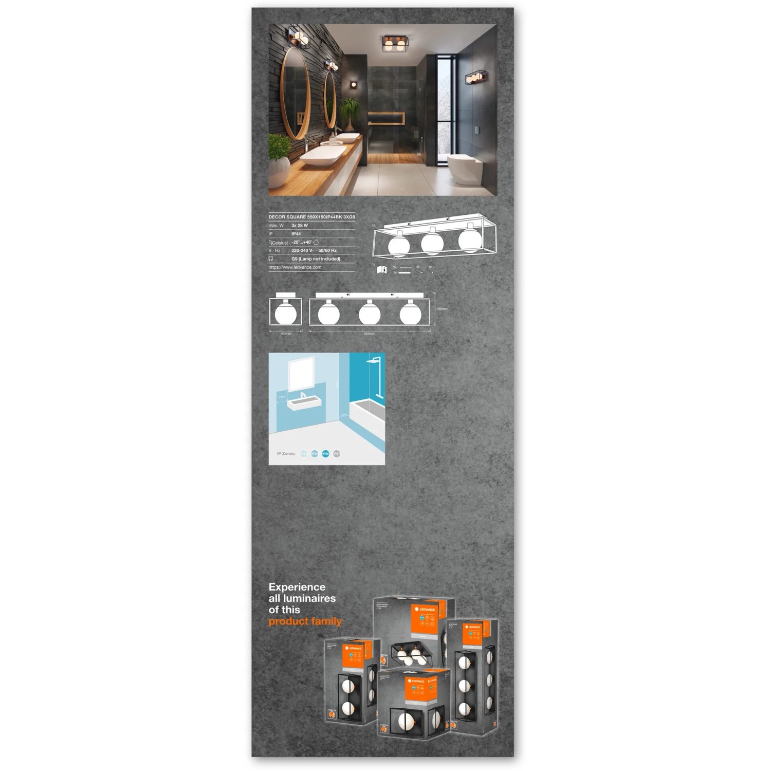 Ledvance Bad-Wandleuchte Decor Square, 3-flammig, schwarz, 55x15 cm. Moderne Badlampe mit G9 Fassung.