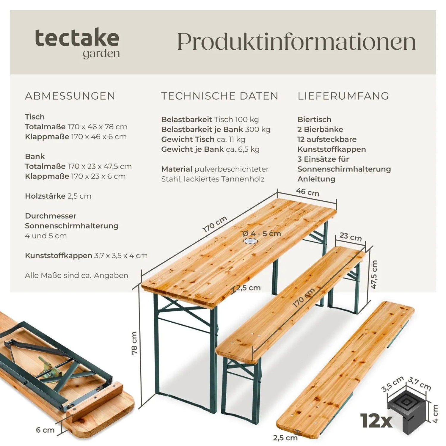 Tectake Bierzeltgarnitur Ludwig 3 Teilig  Klappbar  Mit Sonnenschirmhalterung Tisch 170 x 46 x 78 cm  Bank 170 x 23 x 47 5 cm  Aufsteckbare Kunststoff_6