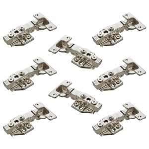 8 vernickelte SOTECH Topfbänder mit Eckanschlag und Dämpfung, inkl. Montageplatten für Möbelscharniere.