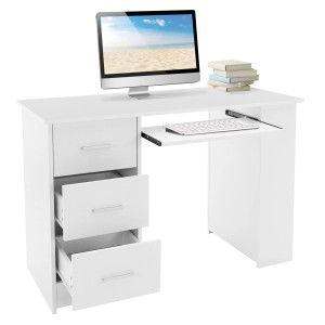 Weißer ML-Design Schreibtisch mit 3 Schubladen, Regalen und Tastaturauszug.