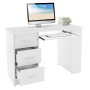 Weißer ML-Design Schreibtisch mit 3 Schubladen, Regalen und Tastaturauszug.
