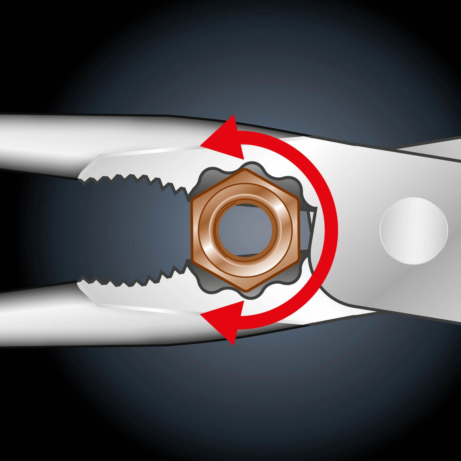 LUX Telefonzange Professional 200 mm beim Greifen einer Mutter, mit rotem Drehbewegungspfeil.