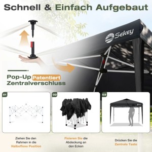 Sekey Faltpavillon 3x3m, Aufbau in 3 Schritten: Rahmen ausziehen, Dach fixieren, Zentralverschluss drücken. Schnell & einfach.