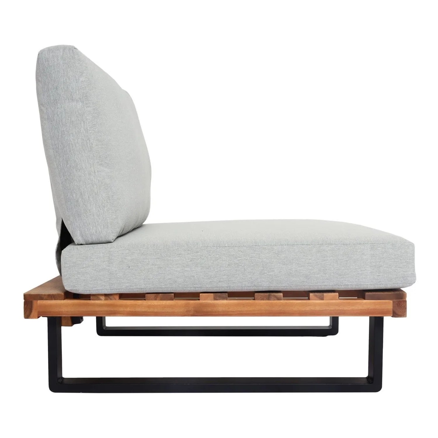 MCW Lounge-Sessel H54: hellgraue Polster, hellbraunes Akazienholz, schwarzes Aluminiumgestell. Gartenstuhl Seitenansicht.