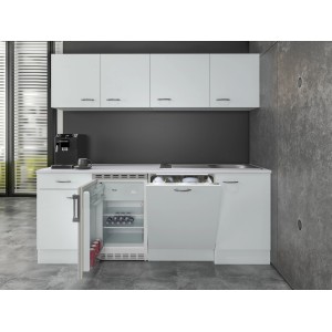 Flex-Well Classic Büroküche Wito, 210 cm, Weiß mit Kühlschrank und Geschirrspüler.