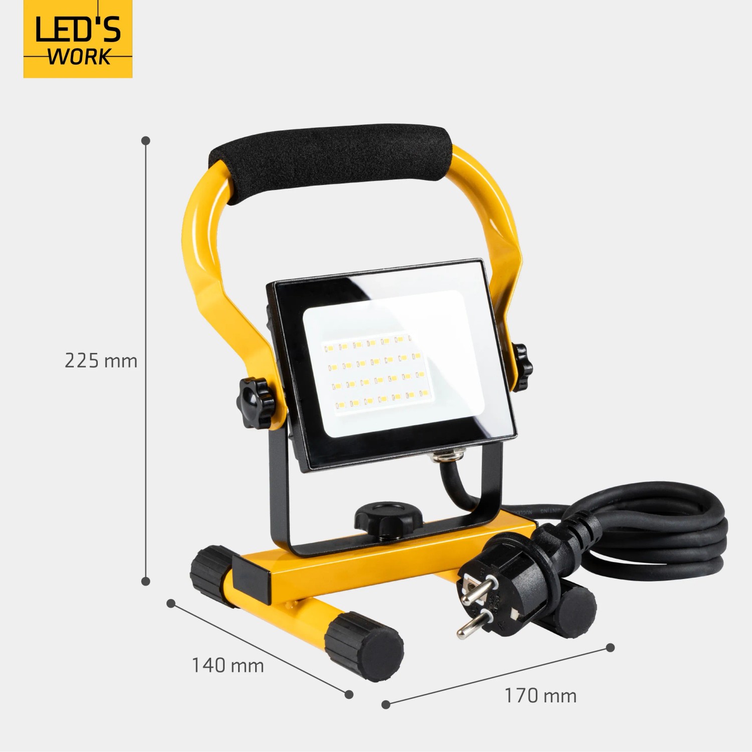 LED's Work Arbeitsleuchte, 20W, gelbes Gestell, schwenkbarer Kopf, Baustrahler für Innen und Außen.