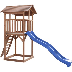 Axi Beach Tower Spielturm aus Holz mit blauer Rutsche, Leiter und Sandkasten.