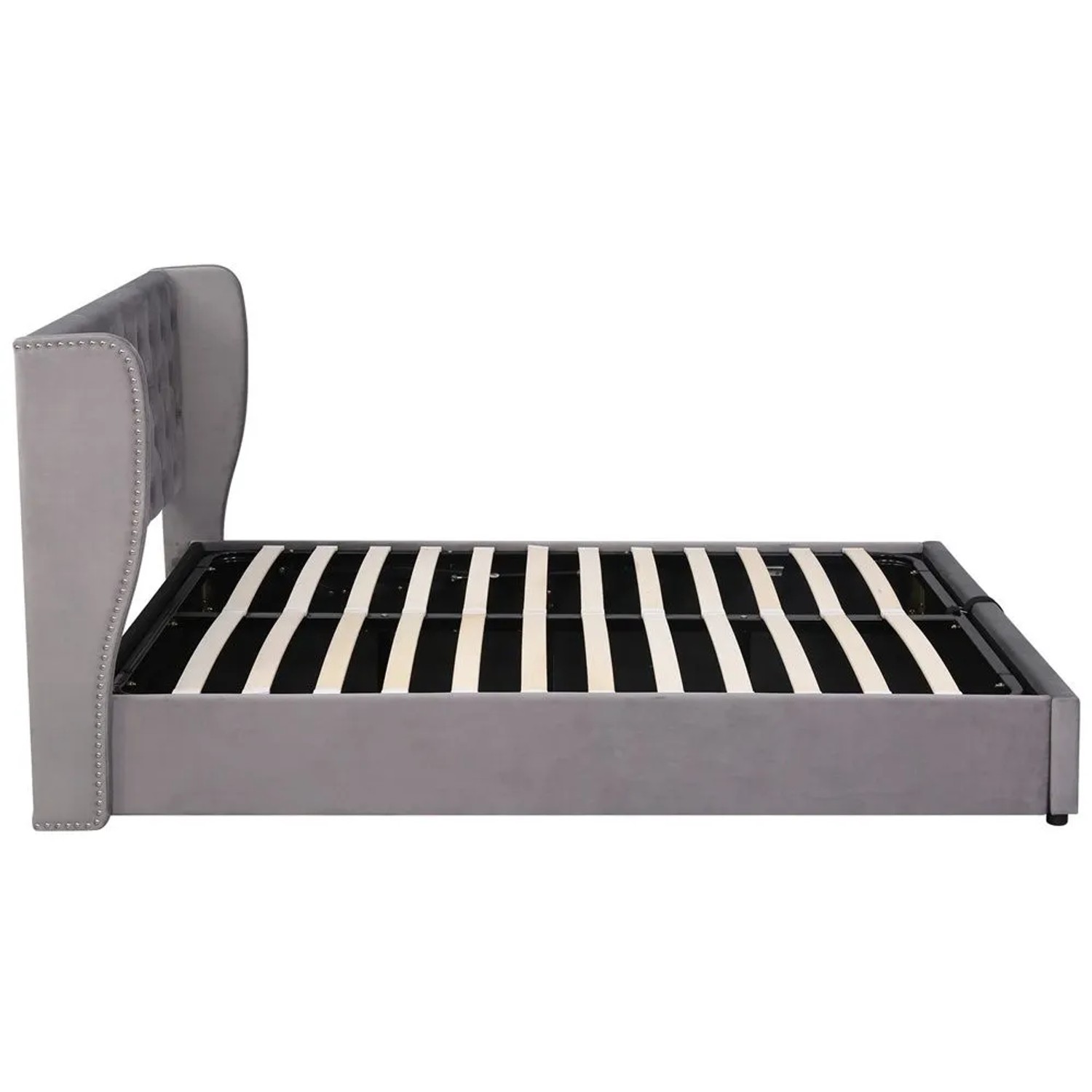 KOMHTOM Hydraulisch Gepolstertes Doppelbett 140 x 190 Cm  Ohrförmig  Funktional  Mit Lattenrost Und Stauraum  Samt  Grau