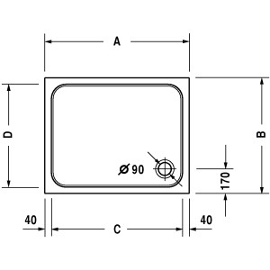 Technische Zeichnung der Duravit D-Code Duschwanne, 90x75x8,5 cm, mit Maßangaben.