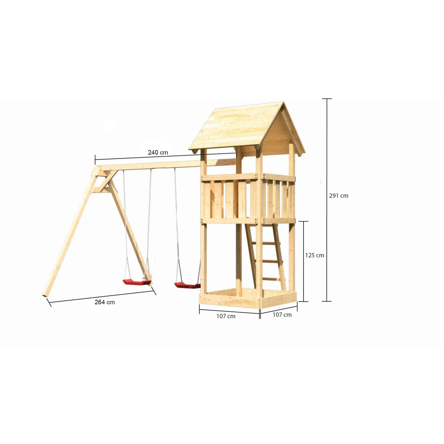 Karibu Kinderspielturm Lotti mit Doppelschaukelanbau aus Holz, Leiter und Turm.