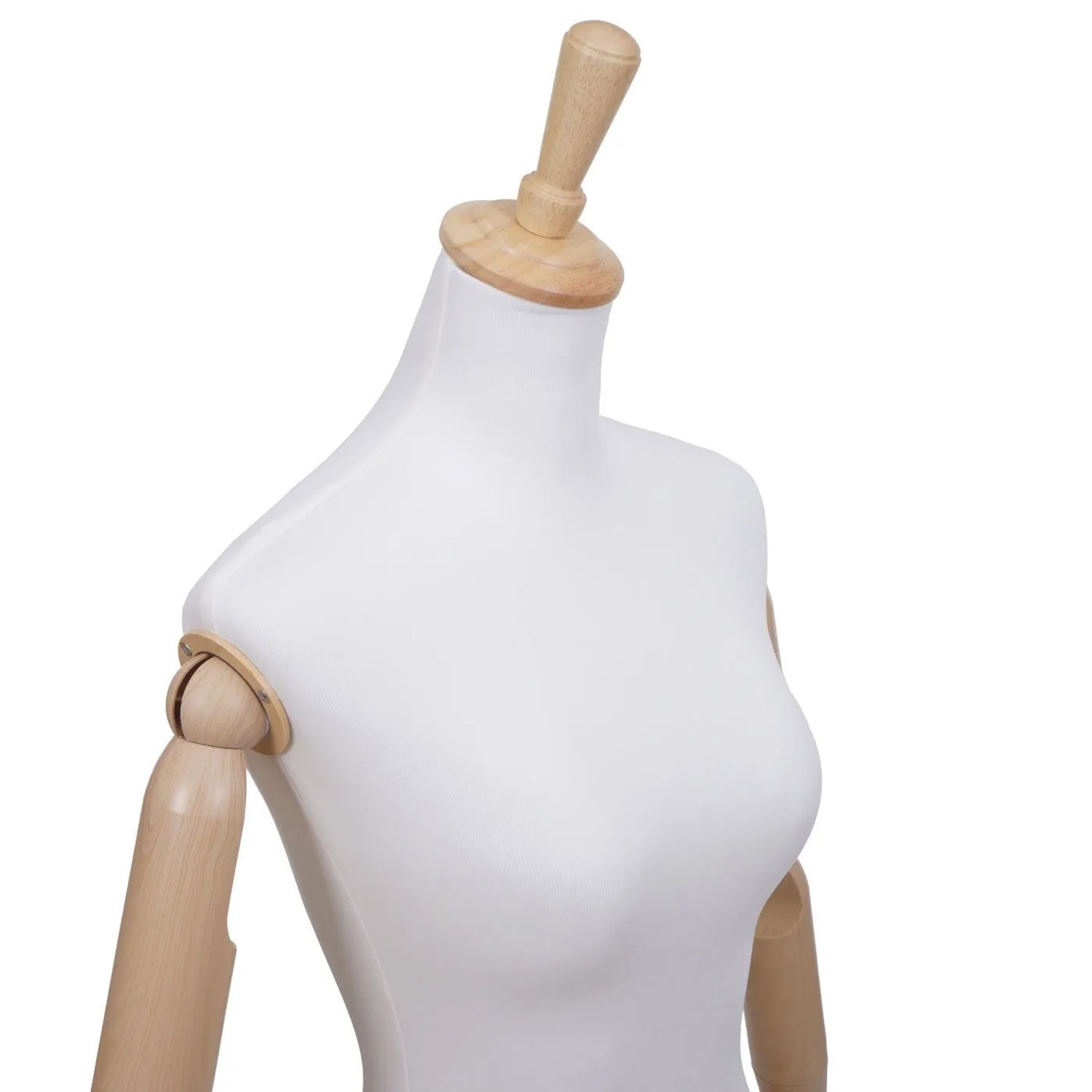 MCW Schneiderpuppe Q23: weißer Torso, bewegliche Holzarme und eleganter Holzknauf. Ideal für Schneiderei & Dekoration.