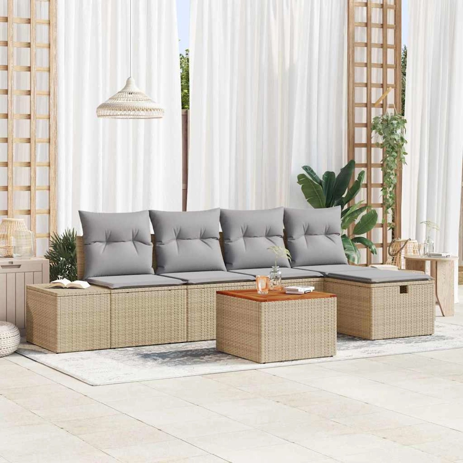 Beiges 6-teiliges vidaXL Garten-Sofa-Set aus Poly Rattan mit Kissen und Stauraum.