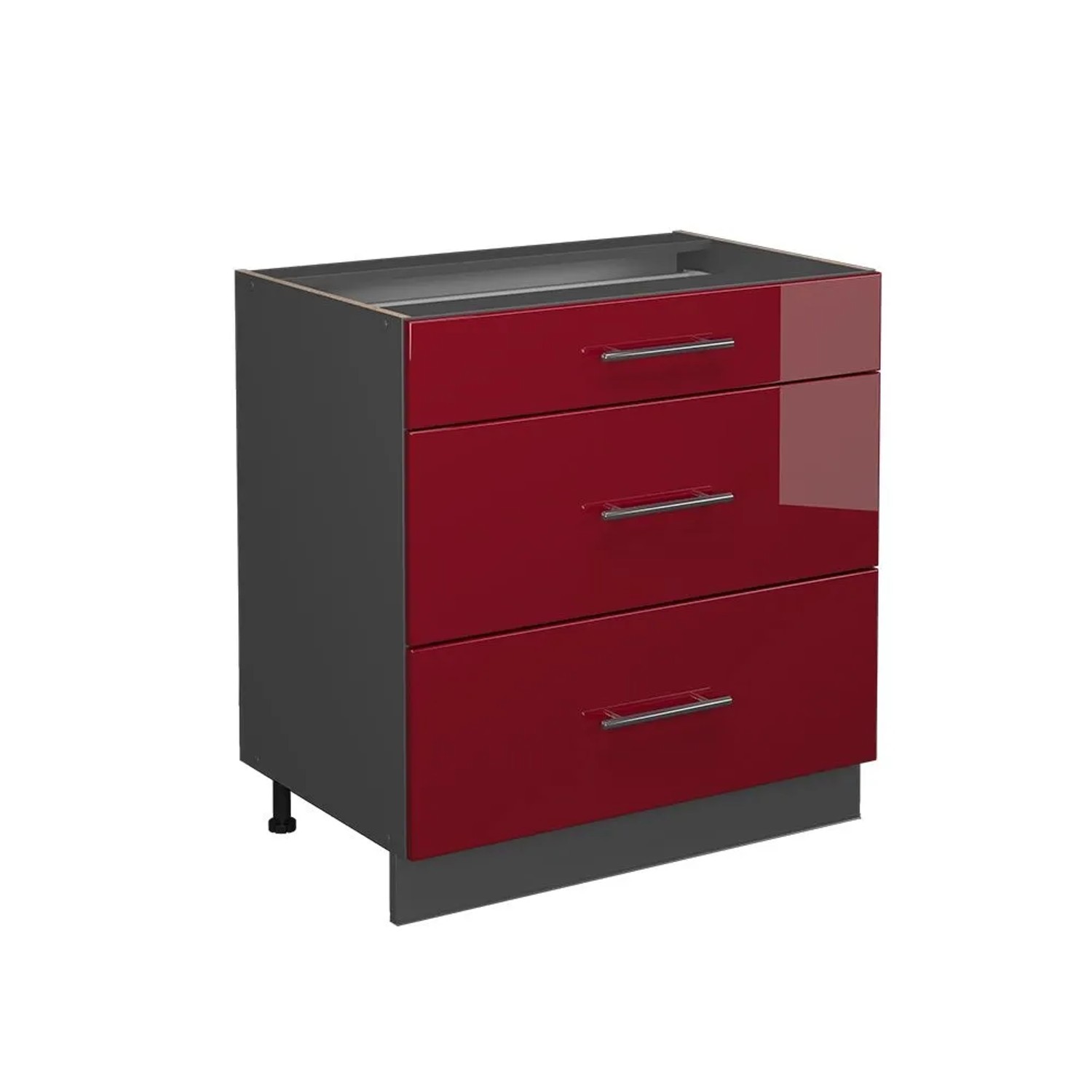 Vicco Küchenunterschrank Fame-Line Bordeaux Hochglanz Anthrazit 80 cm mit 3 Schubladen ohne Arbeitsplatte
