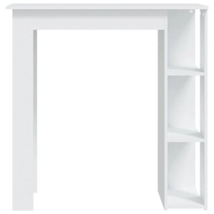 Weißer Bartisch aus Holzwerkstoff mit integriertem Regal und drei Ablagen. Moderner Stehtisch für Küche.