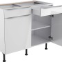 Optifit Unterschrank Arvid986, 100 cm breit, in Weiß mit Schublade und Tür geöffnet.