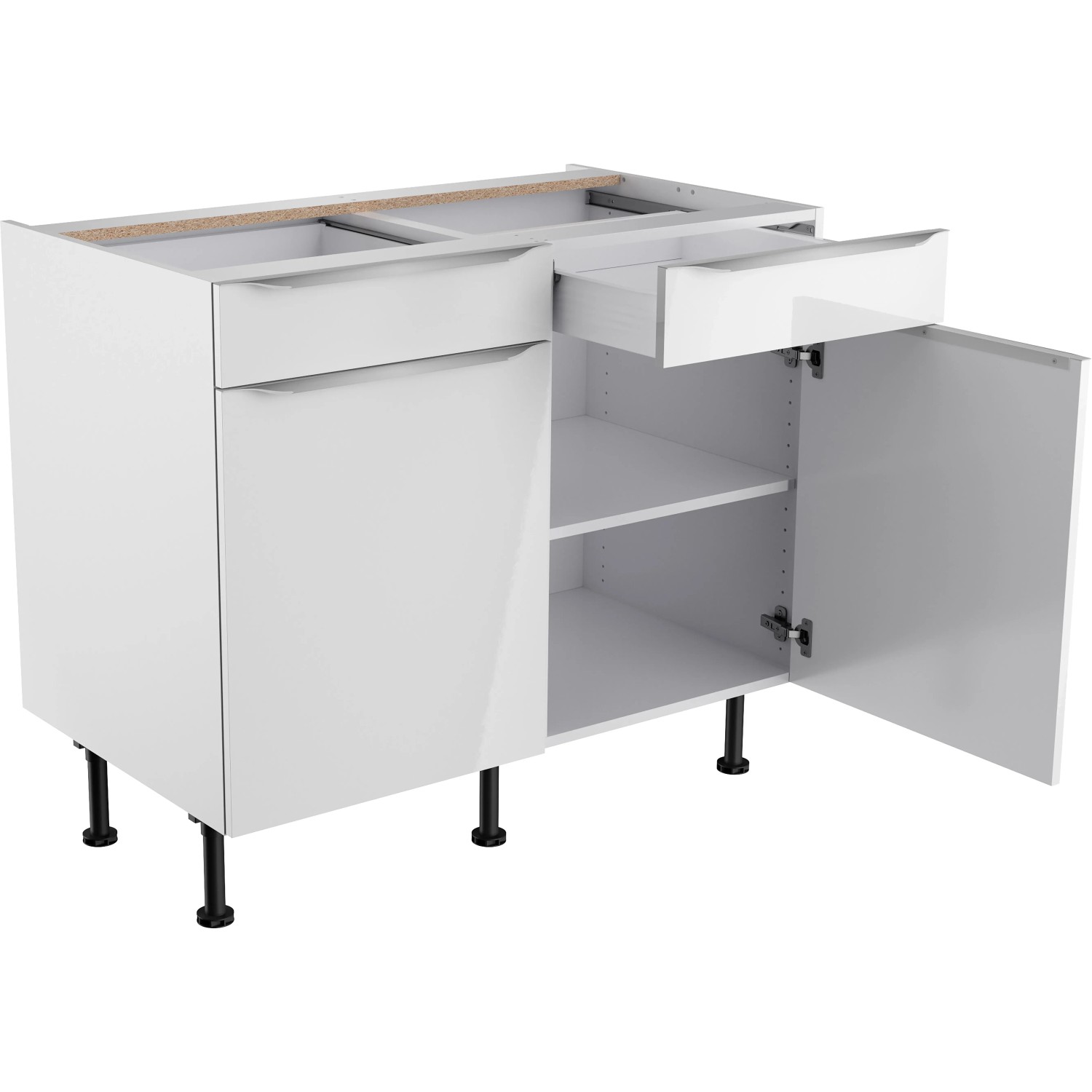 Optifit Unterschrank Arvid986, 100 cm breit, in Weiß mit Schublade und Tür geöffnet.